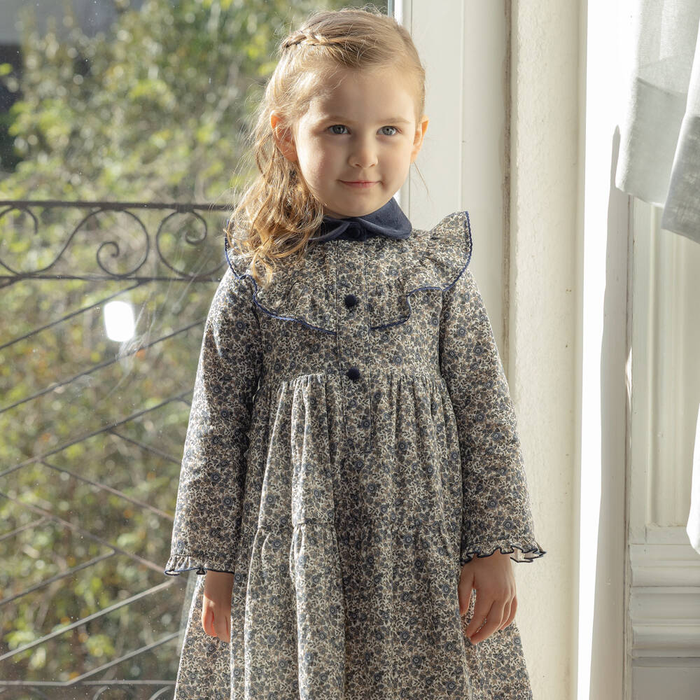 Piccola Speranza-Girls Blue Floral Cotton Dress with Velvet Collar | Childrensalon Outlet