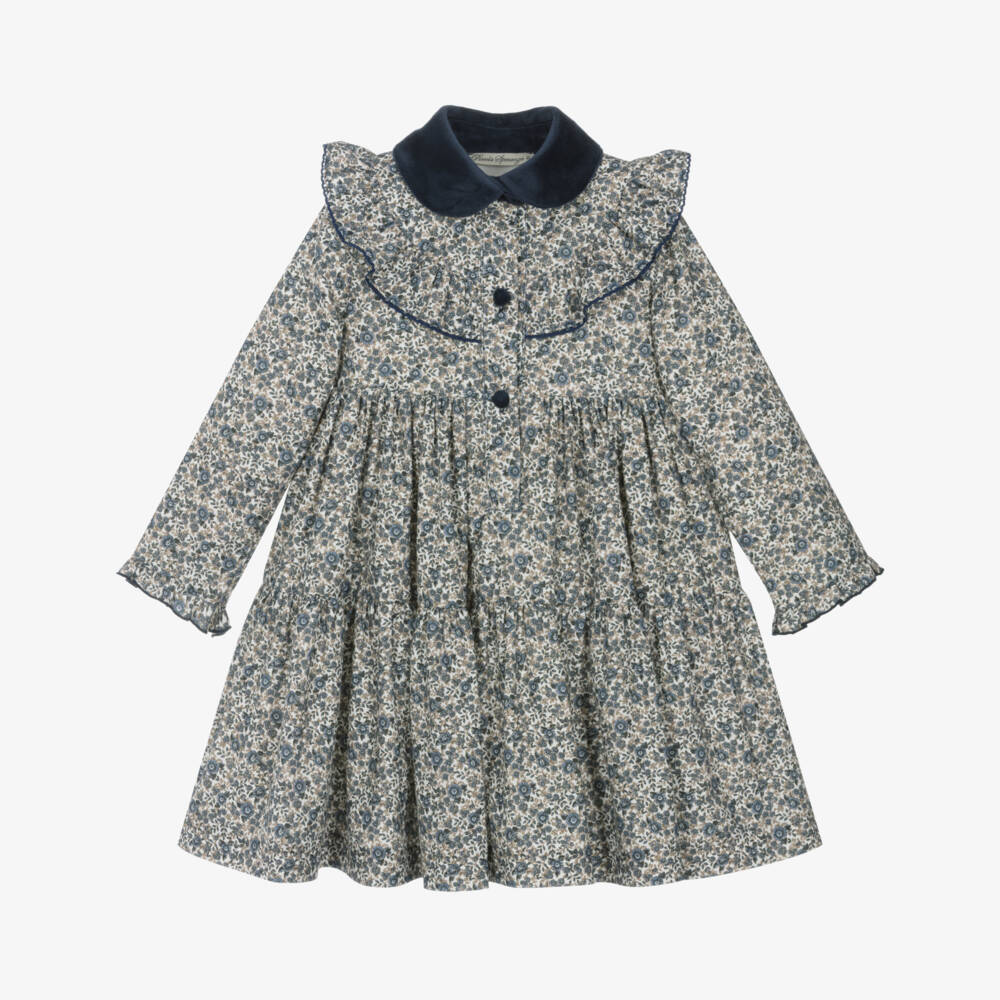 Piccola Speranza-Girls Blue Floral Cotton Dress with Velvet Collar | Childrensalon Outlet
