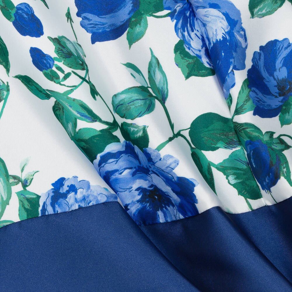 Piccola Speranza-فستان ساتان تويل لون أزرق وأبيض بطبعة ورود | Childrensalon Outlet