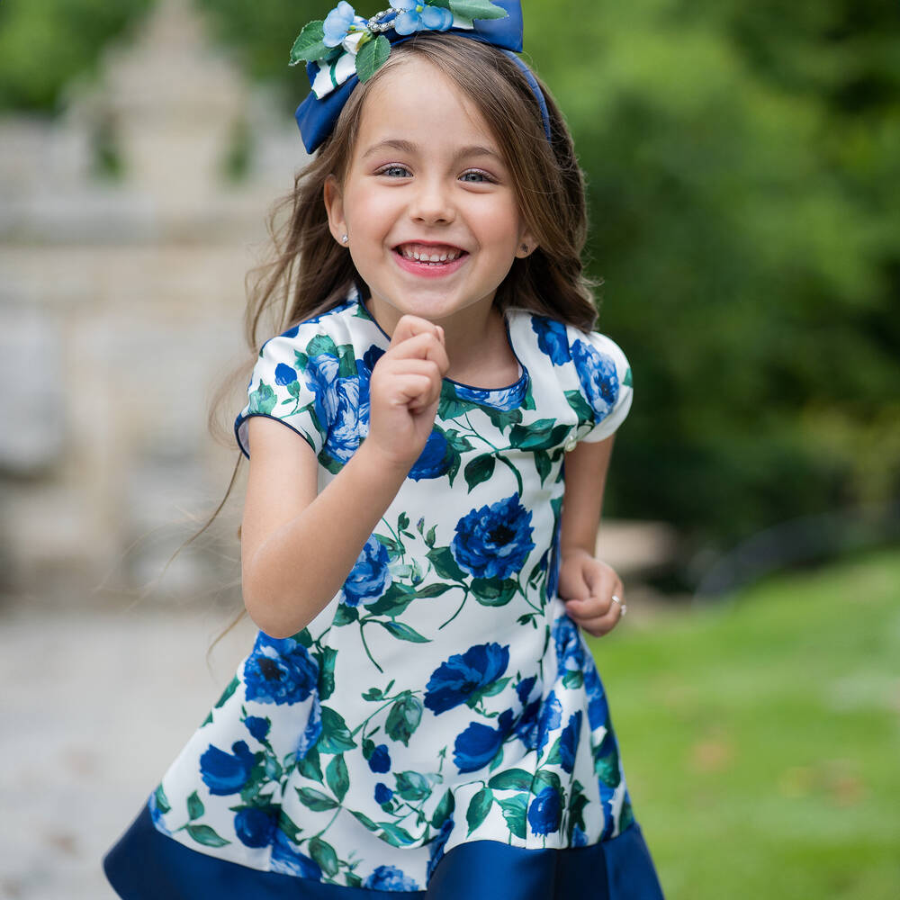 Piccola Speranza-فستان ساتان تويل لون أزرق وأبيض بطبعة ورود | Childrensalon Outlet