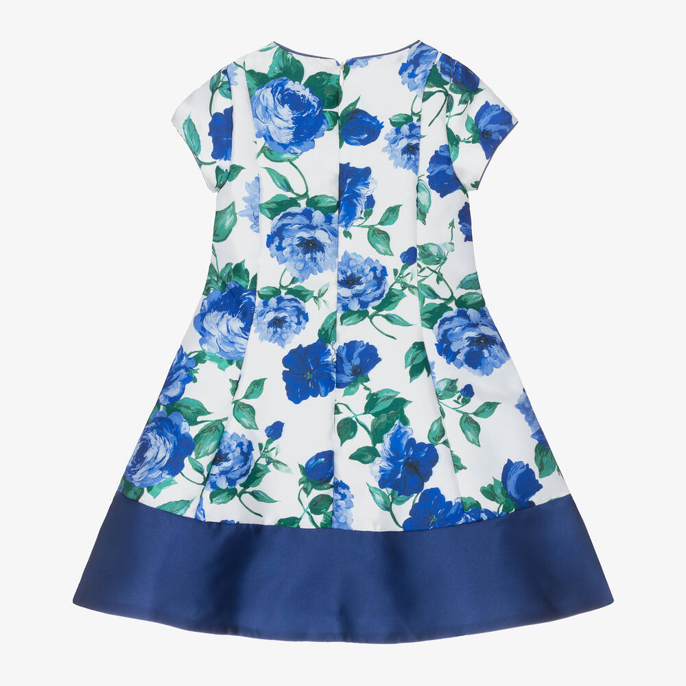 Piccola Speranza-فستان ساتان تويل لون أزرق وأبيض بطبعة ورود | Childrensalon Outlet