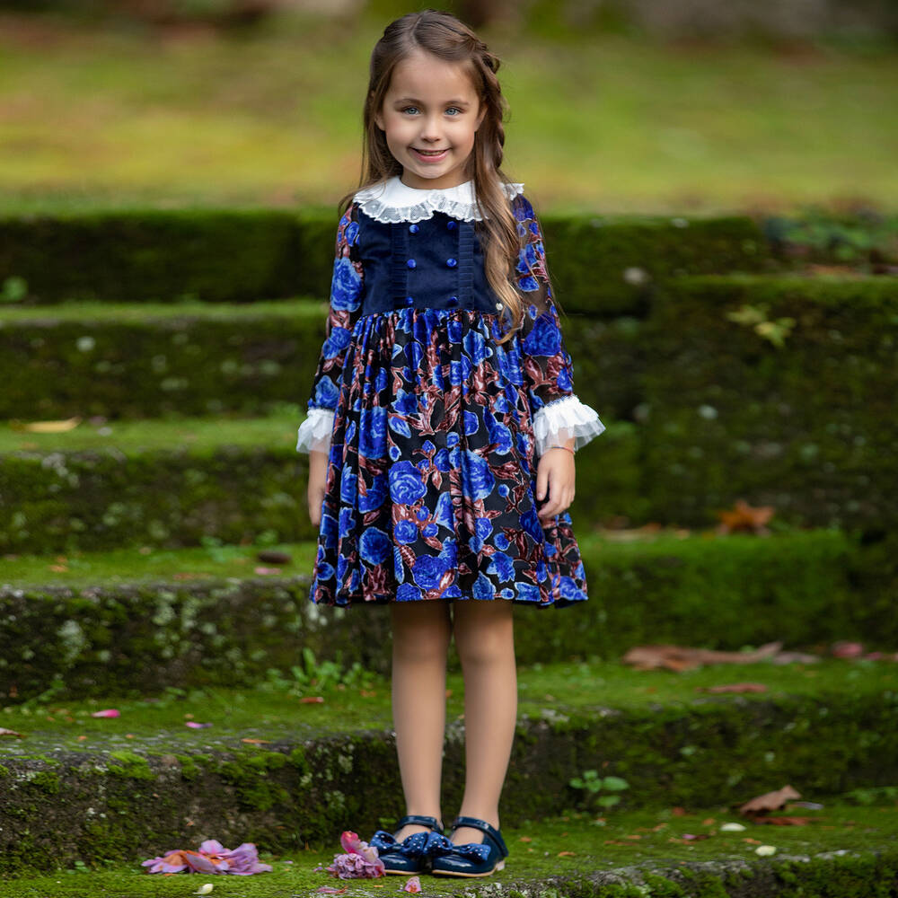Piccola Speranza-Girls Blue Floral Velvet Dress | Childrensalon Outlet