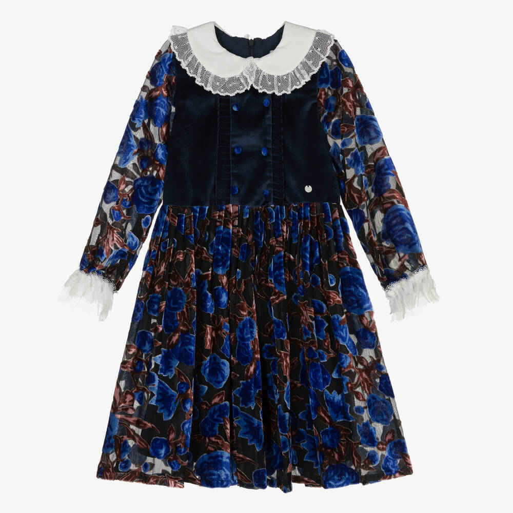 Piccola Speranza - Girls Blue Floral Velvet Dress | Childrensalon