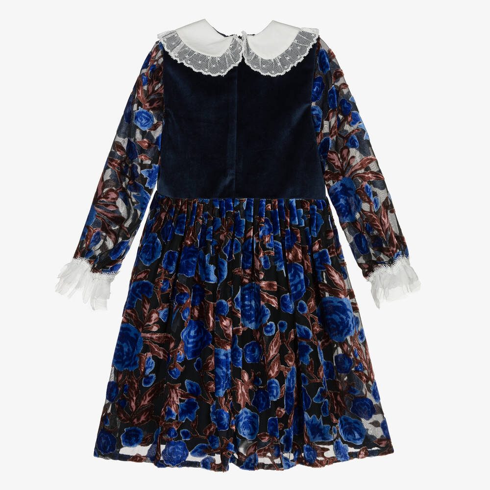 Piccola Speranza-Girls Blue Floral Velvet Dress | Childrensalon Outlet