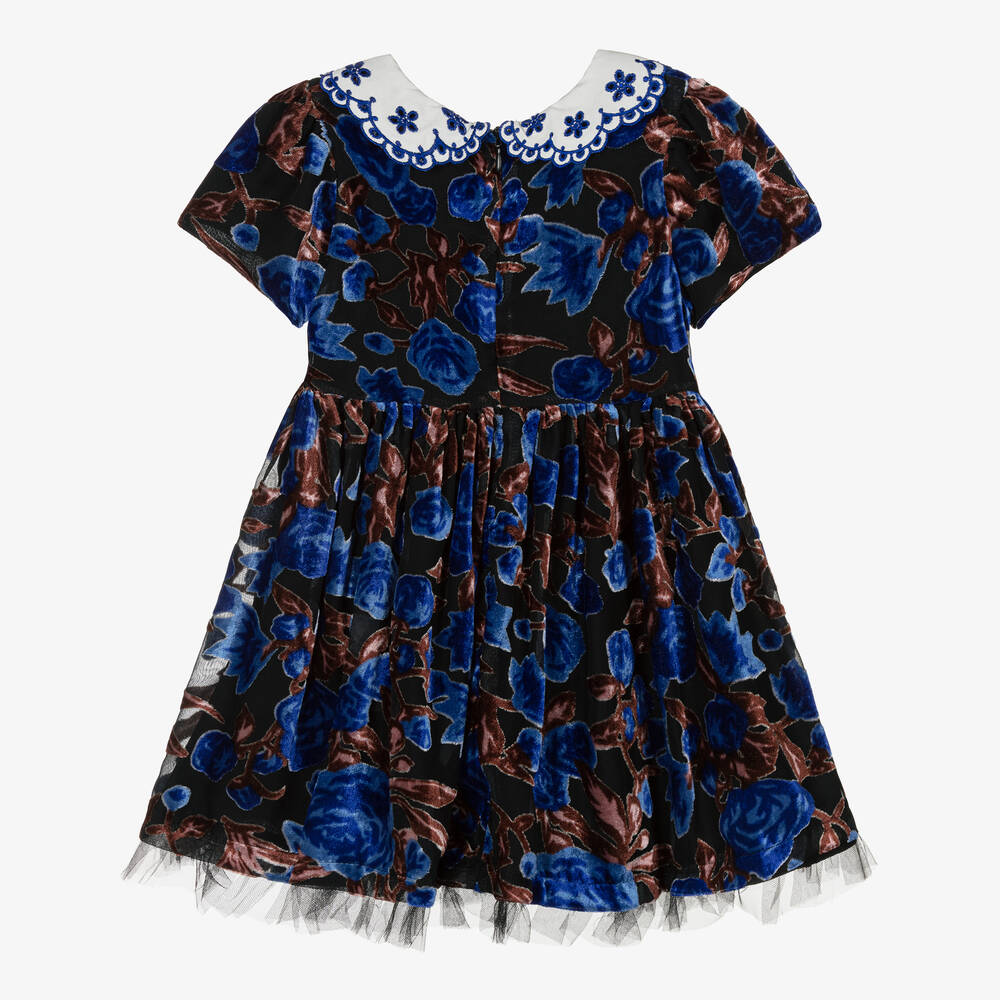 Piccola Speranza-Girls Blue Floral Velvet Dress | Childrensalon Outlet