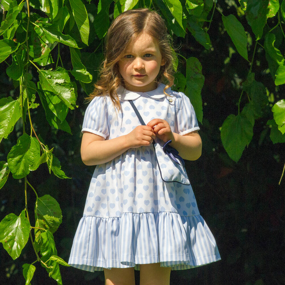 Piccola Speranza-فستان أزرق للبنات بنقشة القلوب مع حقيبة | Childrensalon Outlet