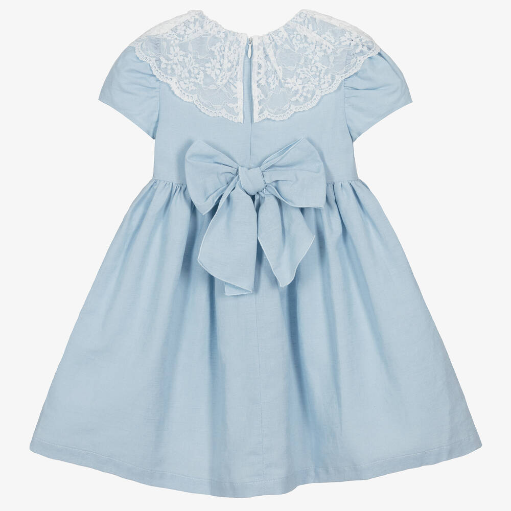 Piccola Speranza-Girls Blue Linen Lace Collar Dress | Childrensalon Outlet