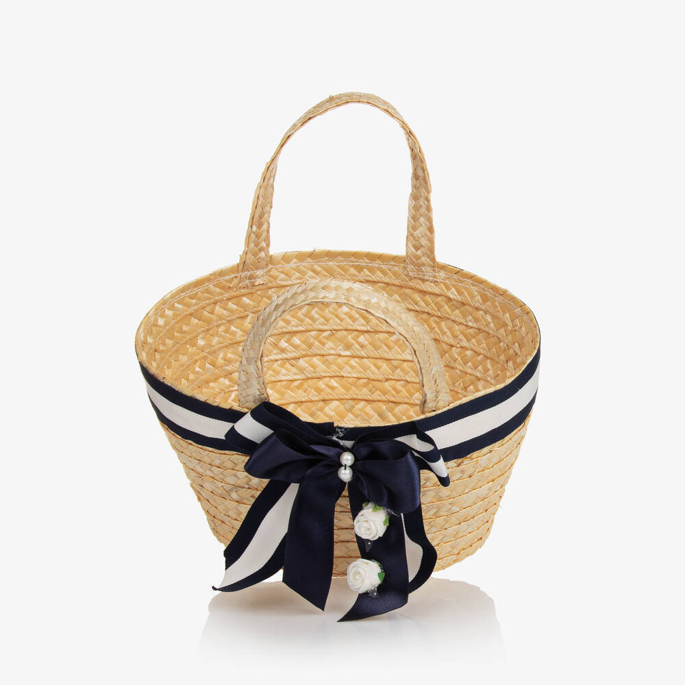 Piccola Speranza-Girls Blue Ribbon Straw Handbag (25cm) | Childrensalon Outlet