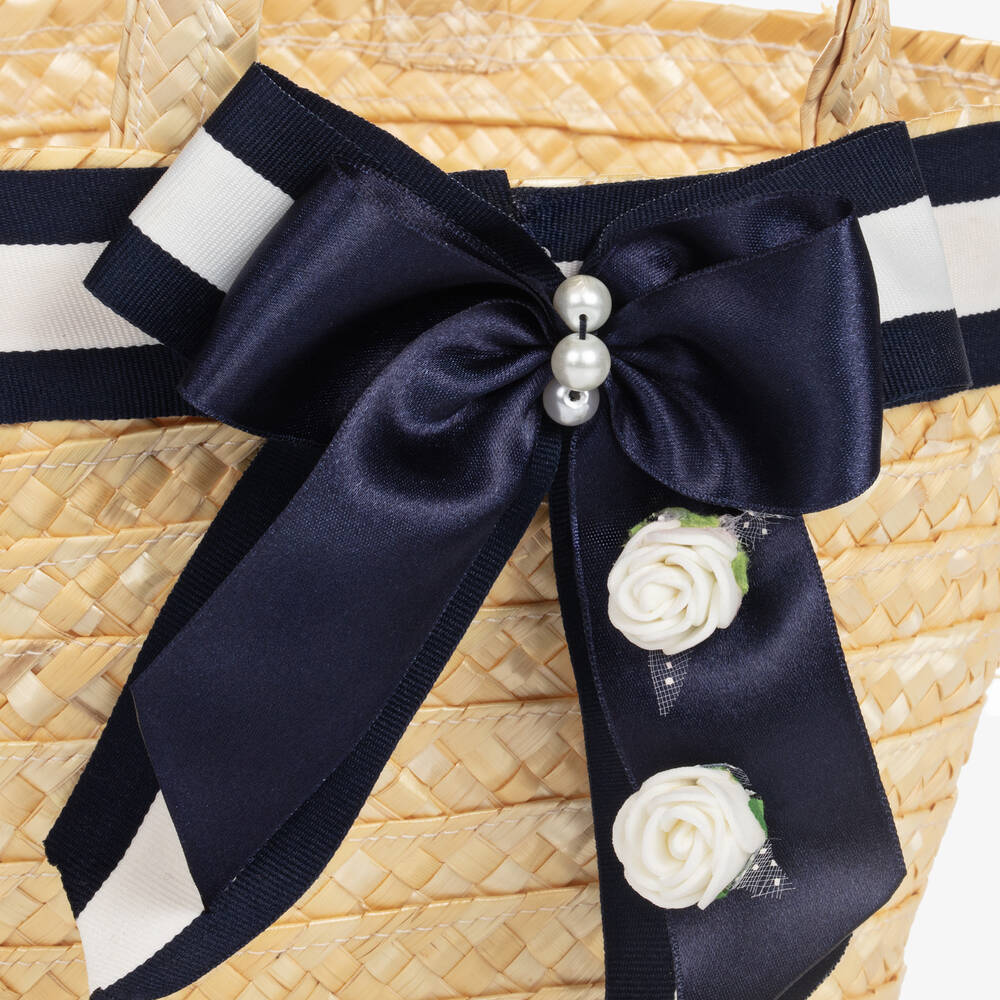 Piccola Speranza-Girls Blue Ribbon Straw Handbag (25cm) | Childrensalon Outlet