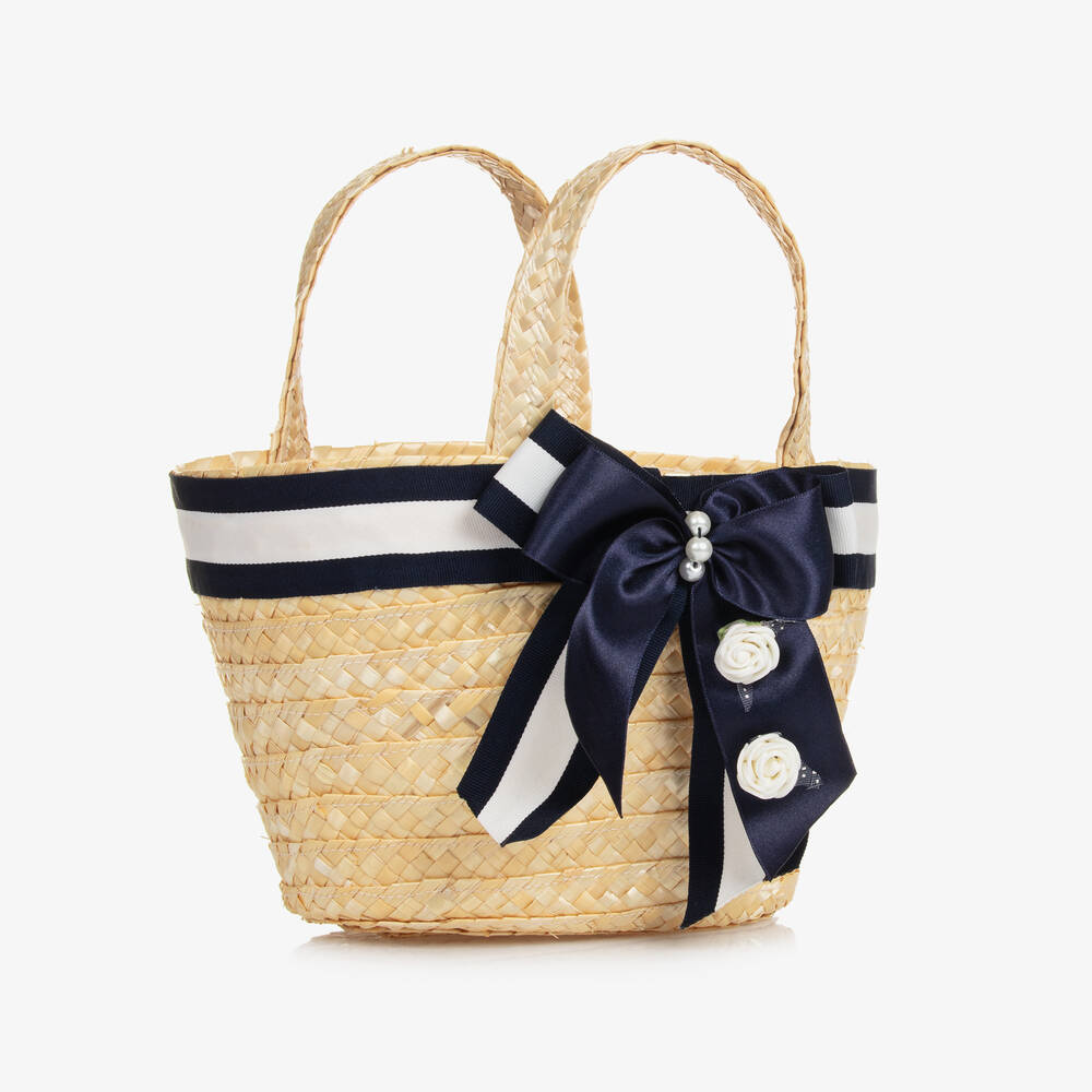 Piccola Speranza-Girls Blue Ribbon Straw Handbag (25cm) | Childrensalon Outlet