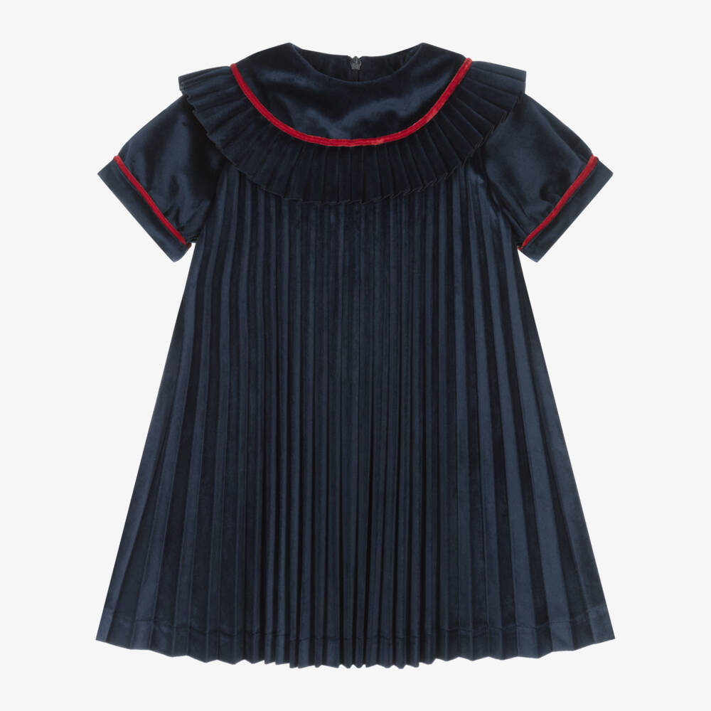 Piccola Speranza-Girls Blue Velvet Pleated Dress | Childrensalon Outlet