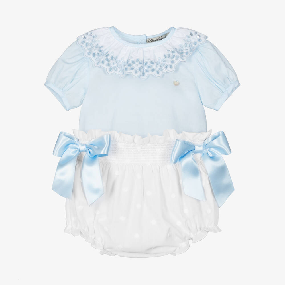 Piccola Speranza-Girls Blue & White Cotton Shorts Set with Satin Bows | Childrensalon Outlet