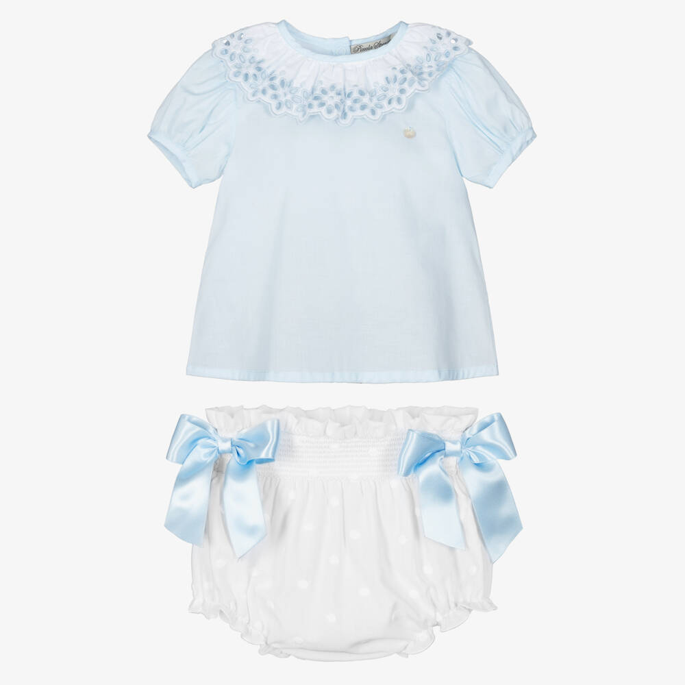 Piccola Speranza-Girls Blue & White Cotton Shorts Set with Satin Bows | Childrensalon Outlet
