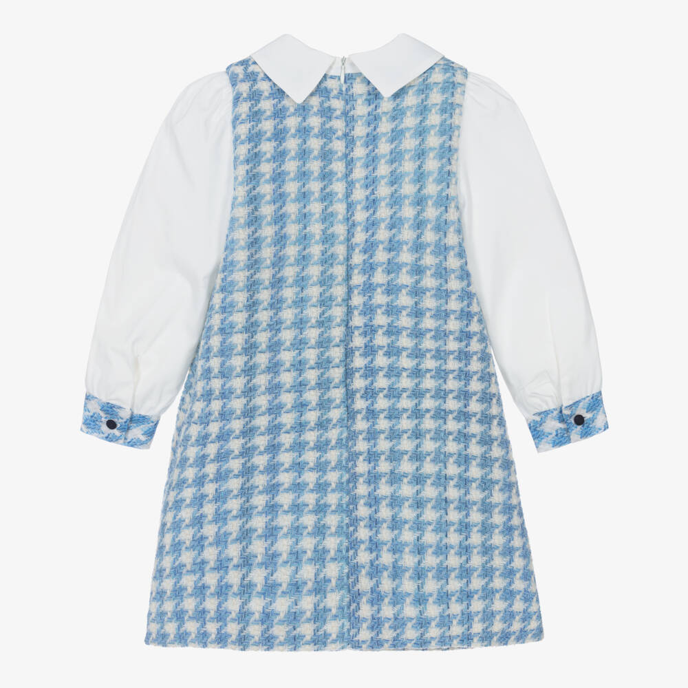Piccola Speranza-Girls Blue & White Houndstooth Tweed Dress with Bow | Childrensalon Outlet