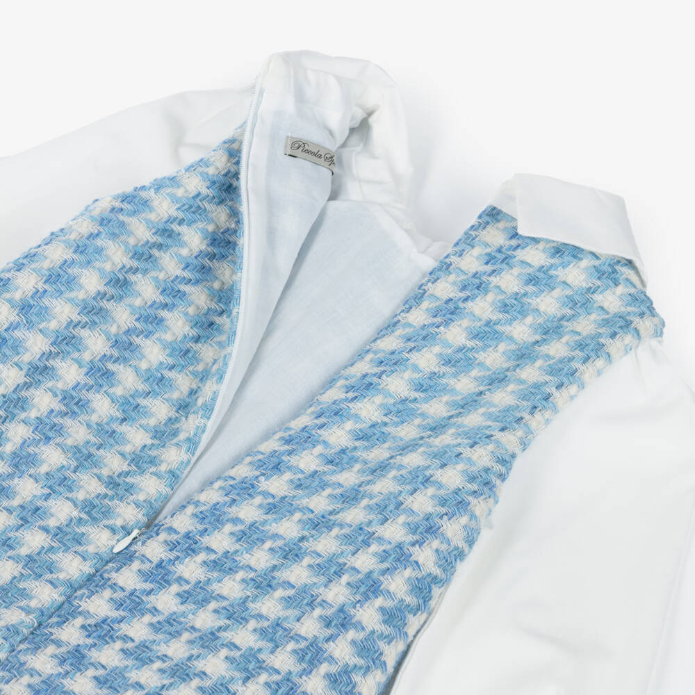 Piccola Speranza-Girls Blue & White Houndstooth Tweed Dress with Bow | Childrensalon Outlet