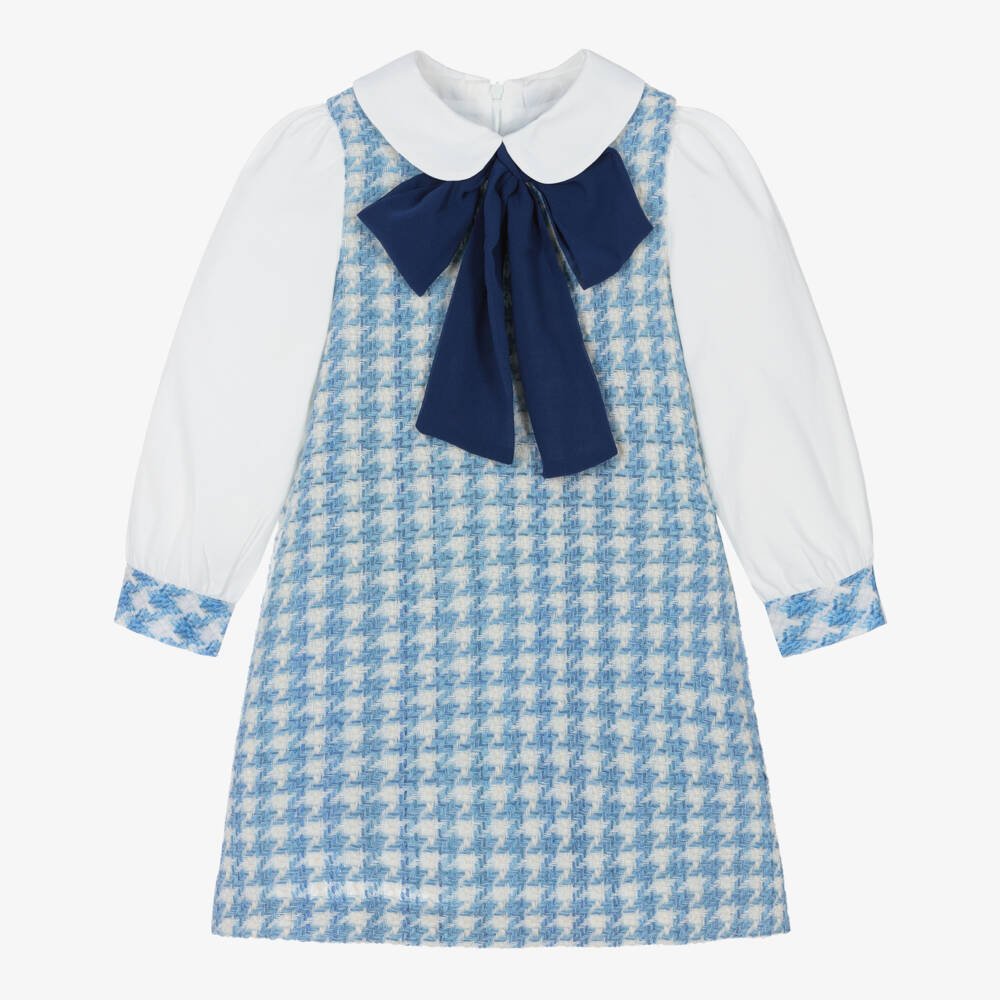 Piccola Speranza-Girls Blue & White Houndstooth Tweed Dress with Bow | Childrensalon Outlet