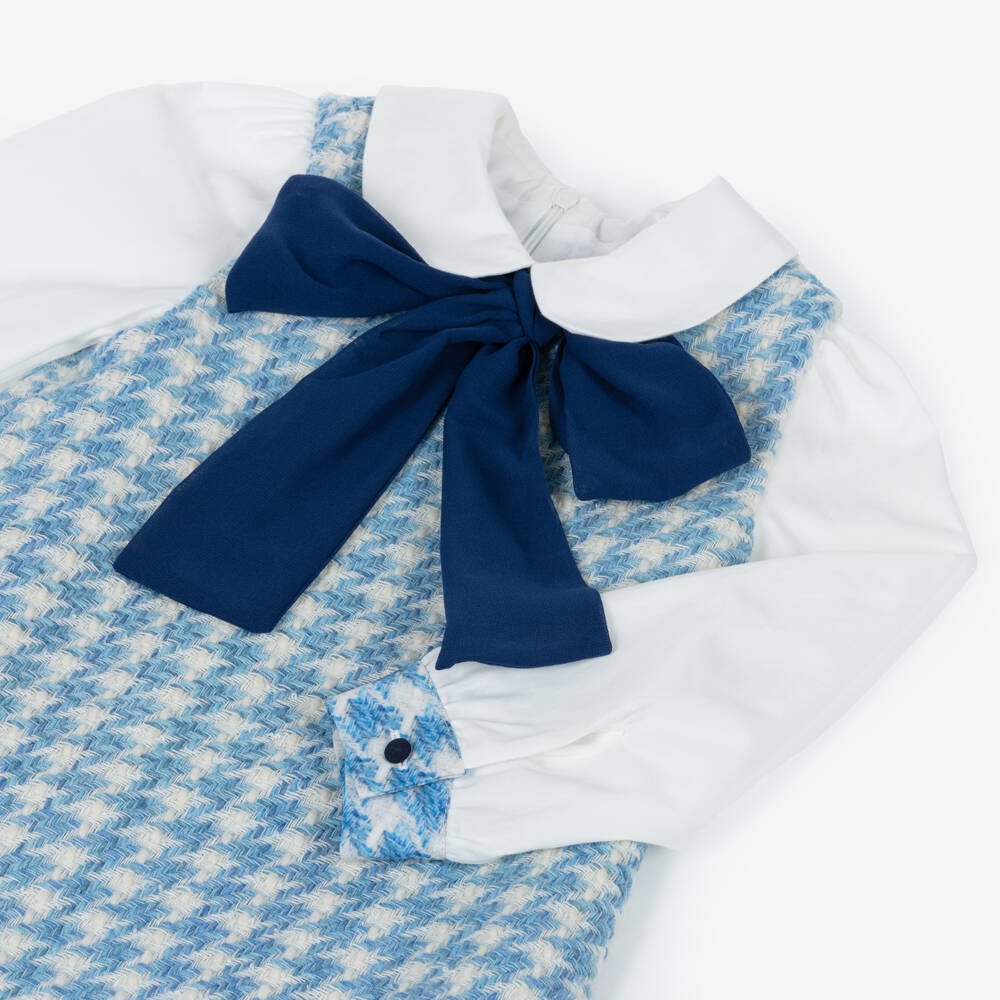 Piccola Speranza-Girls Blue & White Houndstooth Tweed Dress with Bow | Childrensalon Outlet
