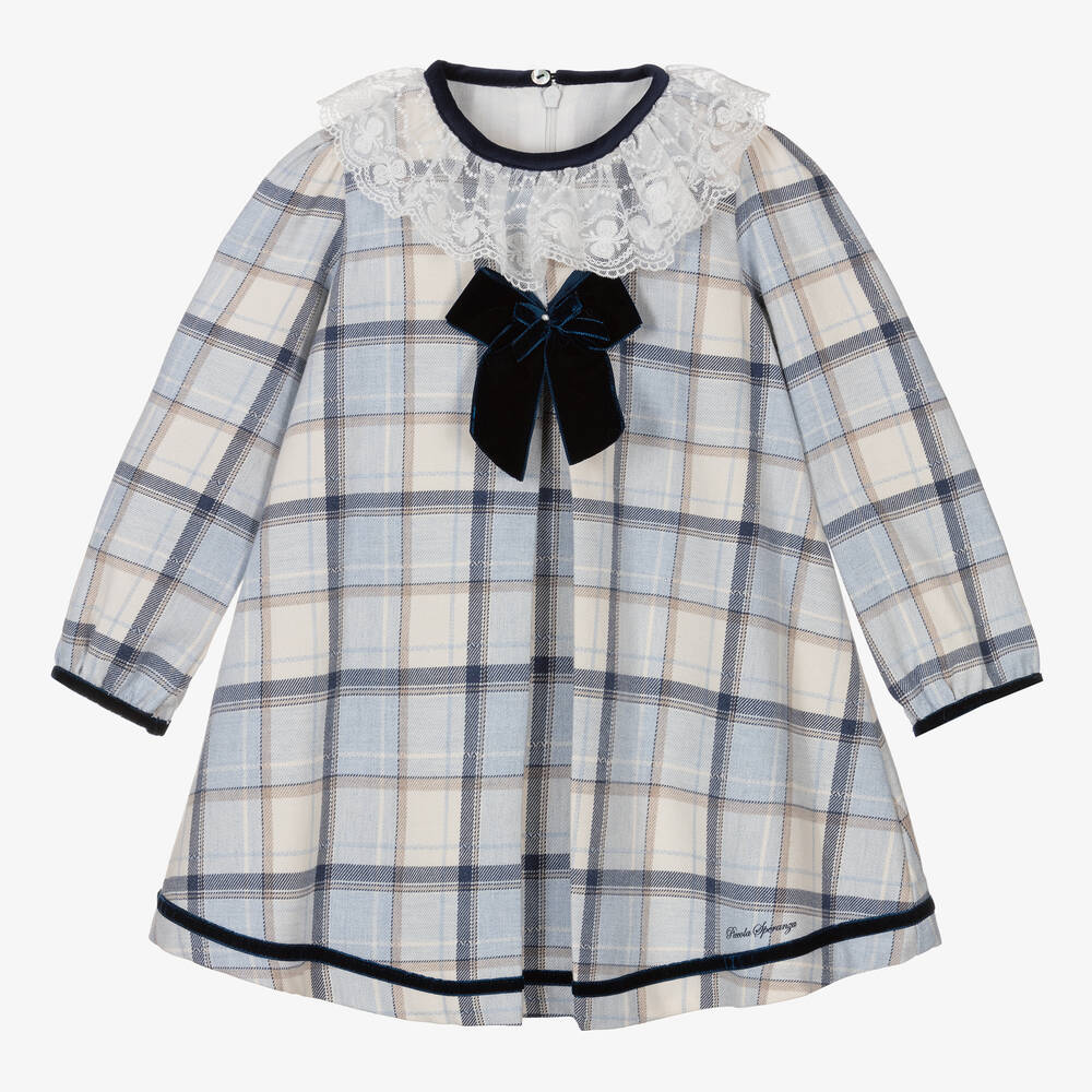 Piccola Speranza - Girls Blue & White Tartan Cotton Dress | Childrensalon