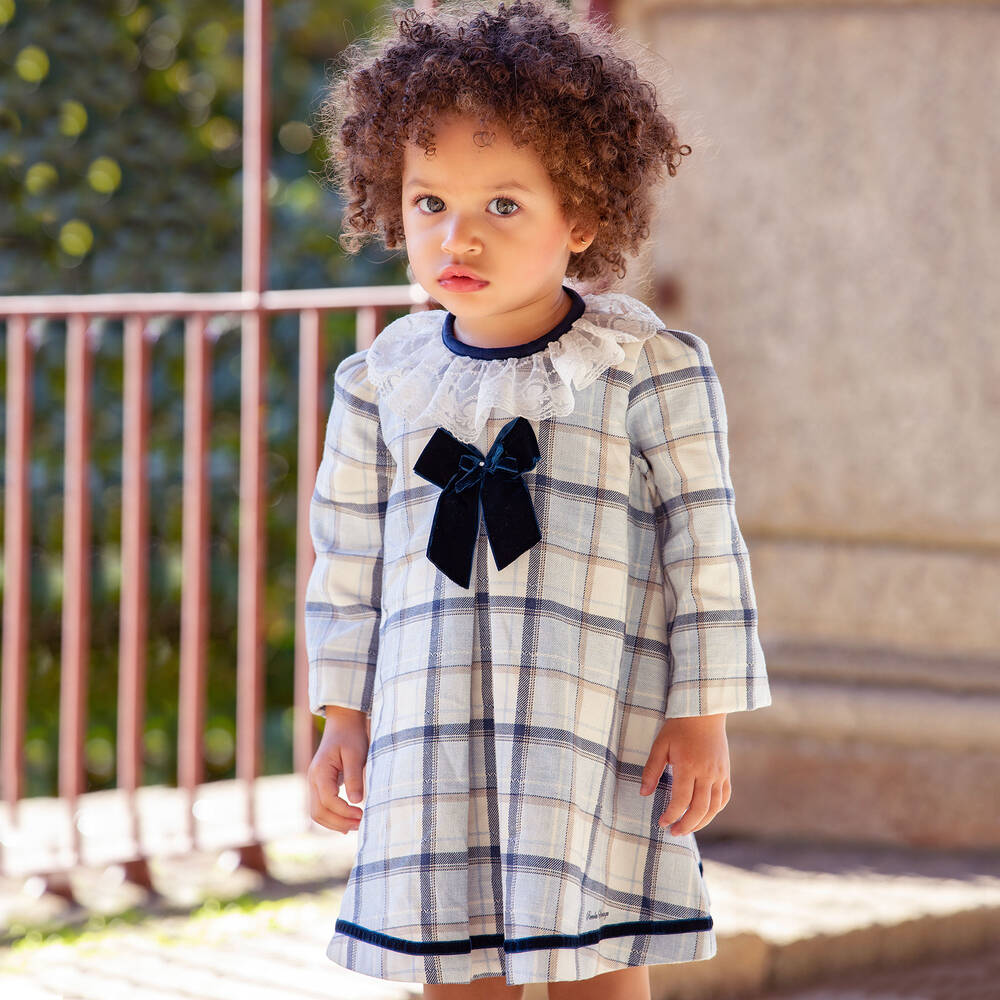 Piccola Speranza-Girls Blue & White Tartan Cotton Dress | Childrensalon Outlet