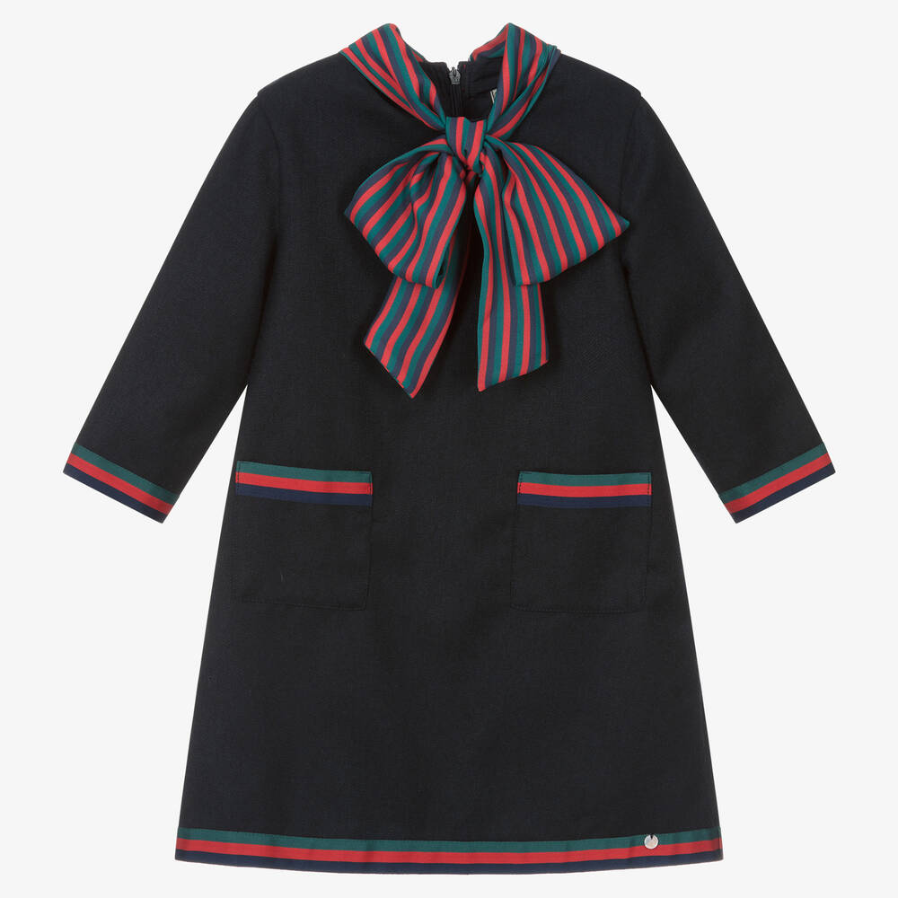 Piccola Speranza - Girls Blue Wool Bow Collar Dress | Childrensalon
