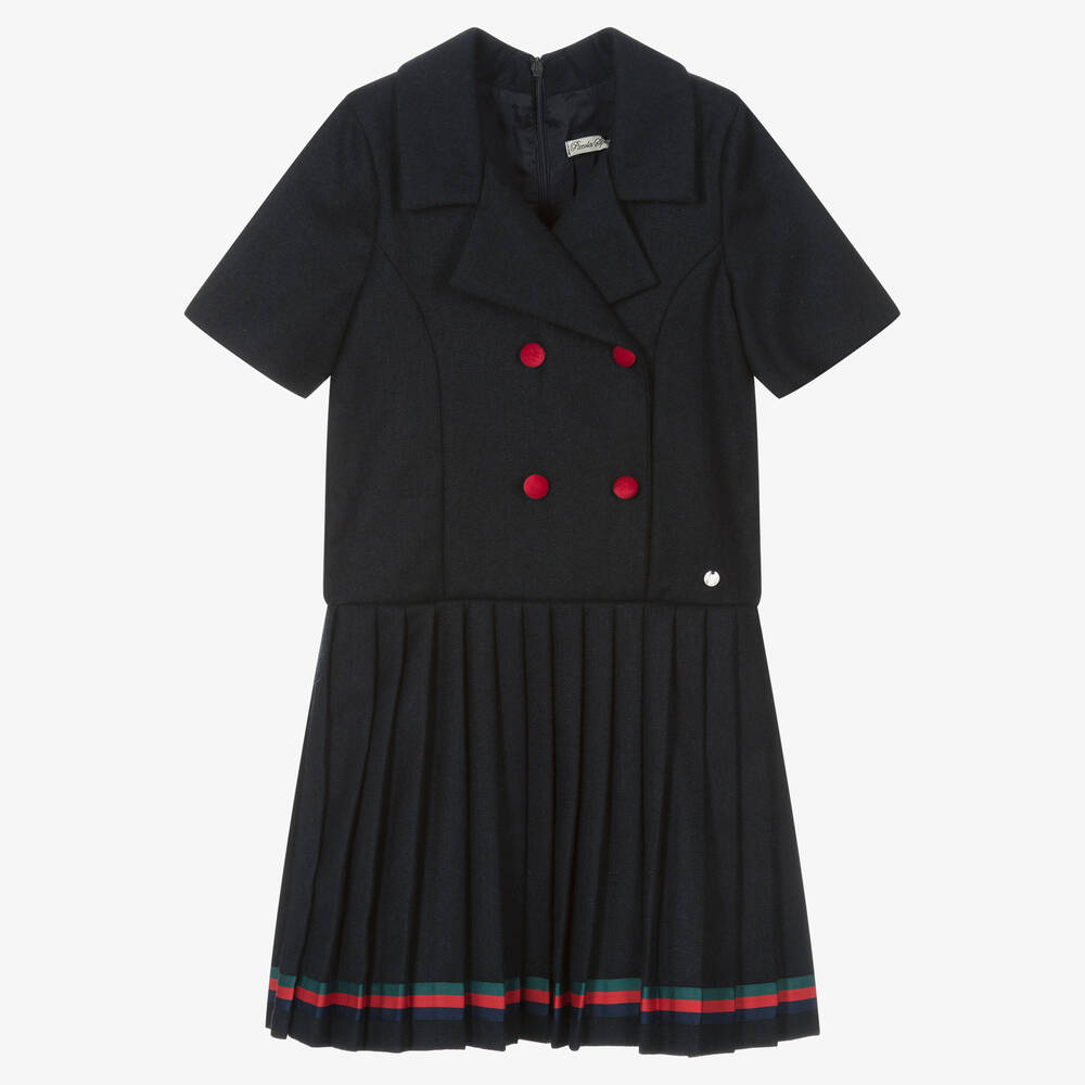 Piccola Speranza - Girls Blue Wool Twill Dress | Childrensalon