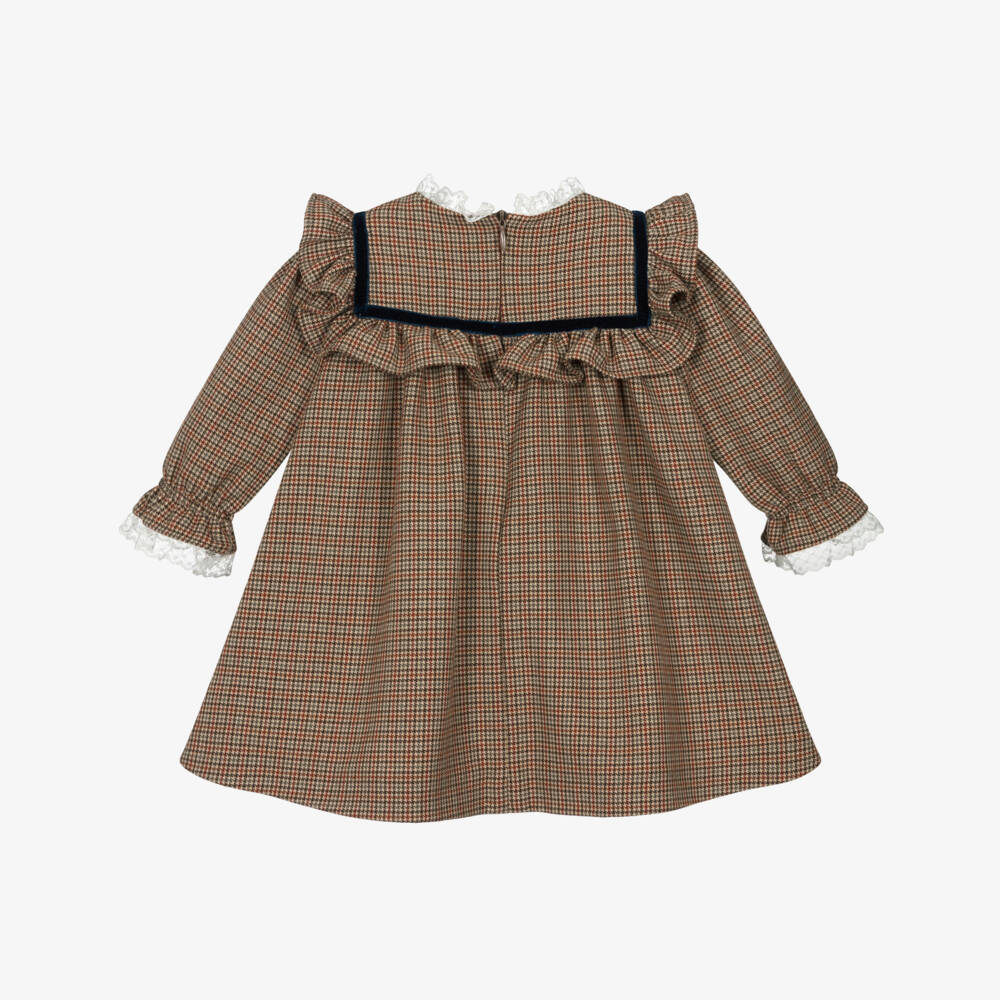 Piccola Speranza-Girls Brown Houndstooth Check Dress | Childrensalon Outlet