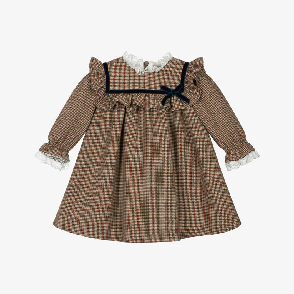 Piccola Speranza-Girls Brown Houndstooth Check Dress | Childrensalon Outlet