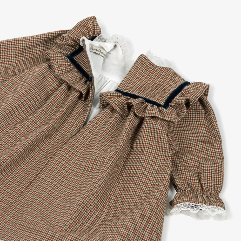 Piccola Speranza-Girls Brown Houndstooth Check Dress | Childrensalon Outlet