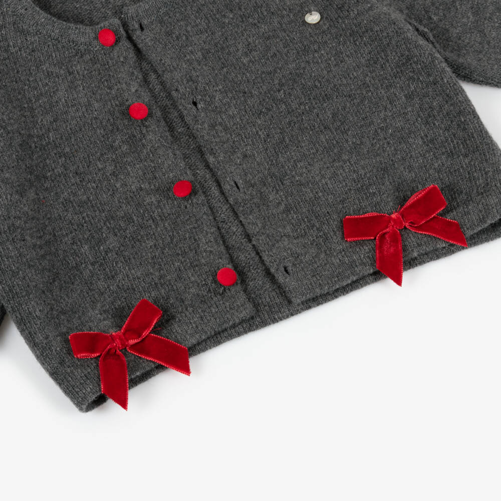 Piccola Speranza-Girls Charcoal Knit Cardigan with Velvet Bows | Childrensalon Outlet