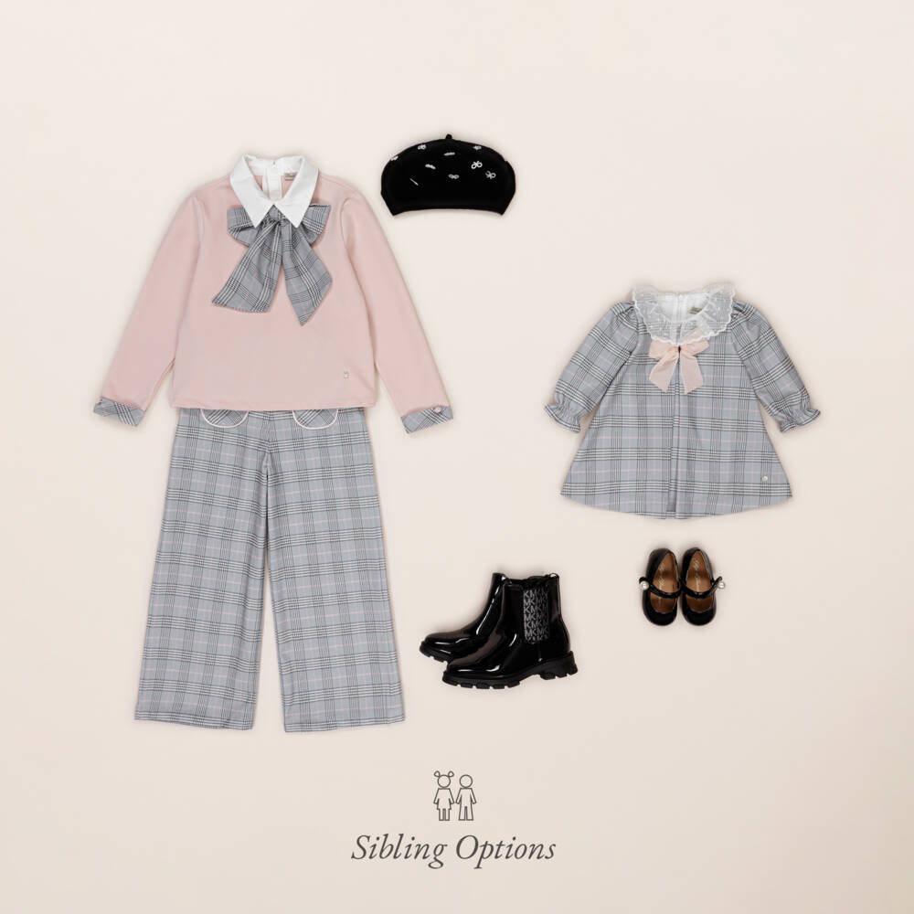 Piccola Speranza-بنطلون بأرجل واسعة تارتان لون زهري ورمادي للبنات | Childrensalon Outlet