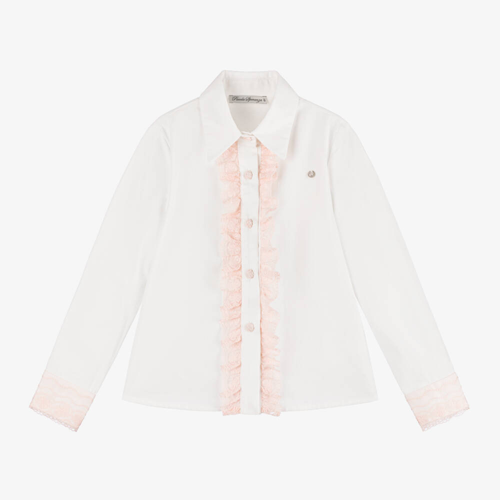 Piccola Speranza-بلوزة دانتيل وقطن لون زهري وأبيض | Childrensalon Outlet