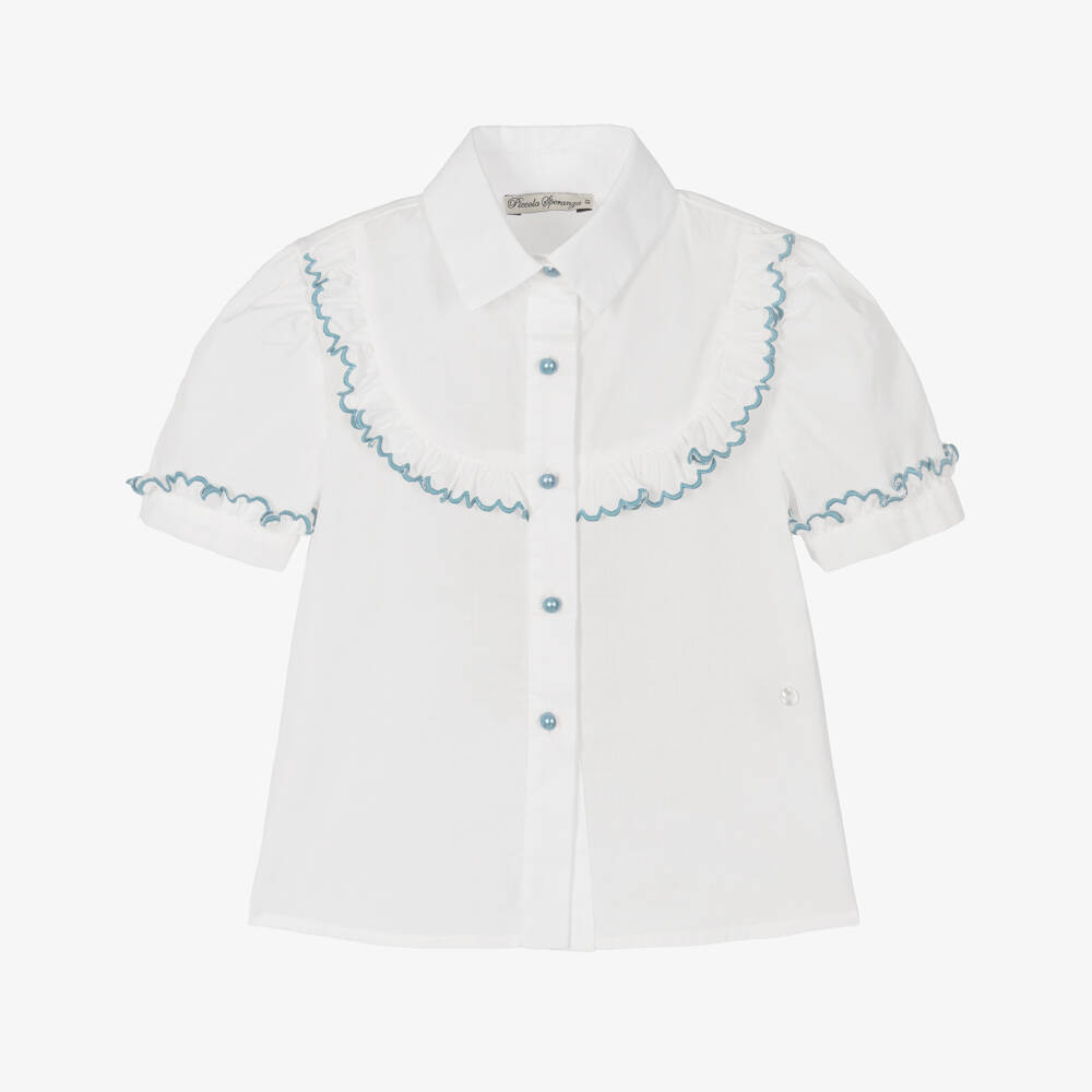 Piccola Speranza-Girls Cotton Top with Blue Trim | Childrensalon Outlet