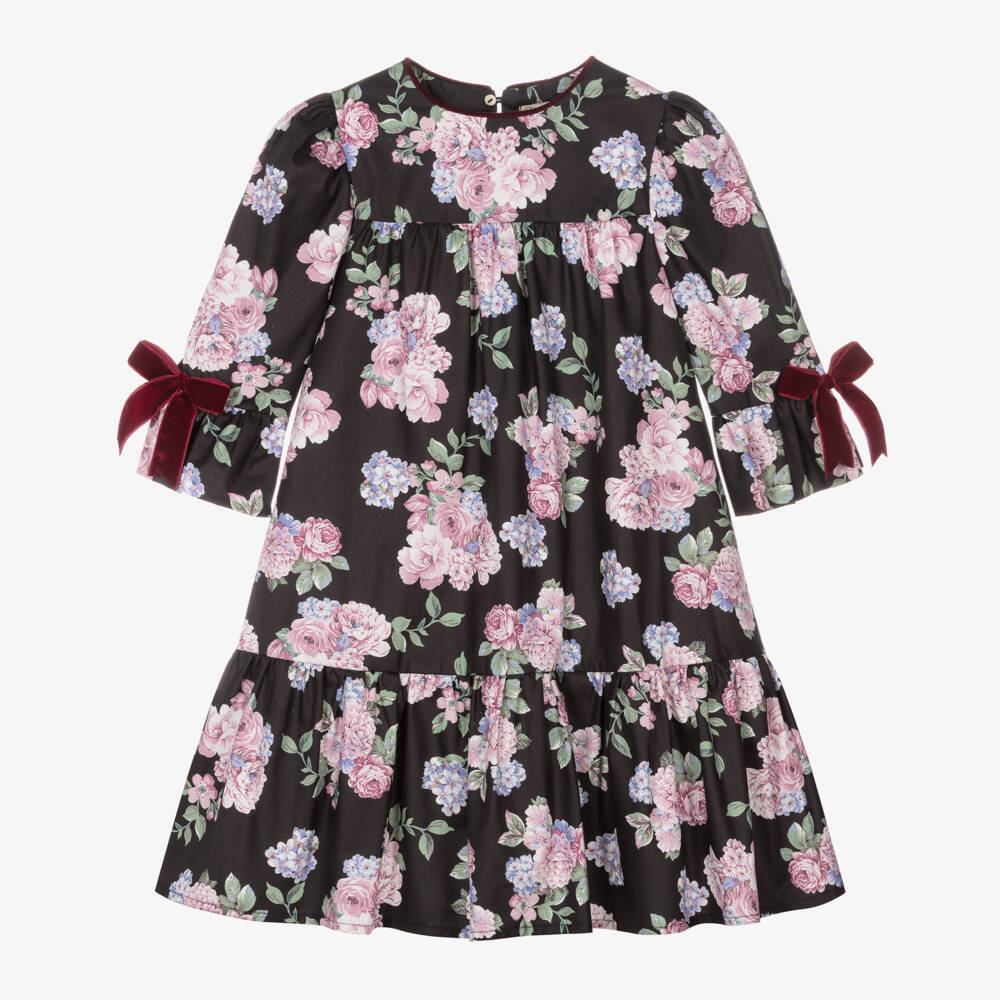 Piccola Speranza-Girls Floral Cotton Dress in Black | Childrensalon Outlet
