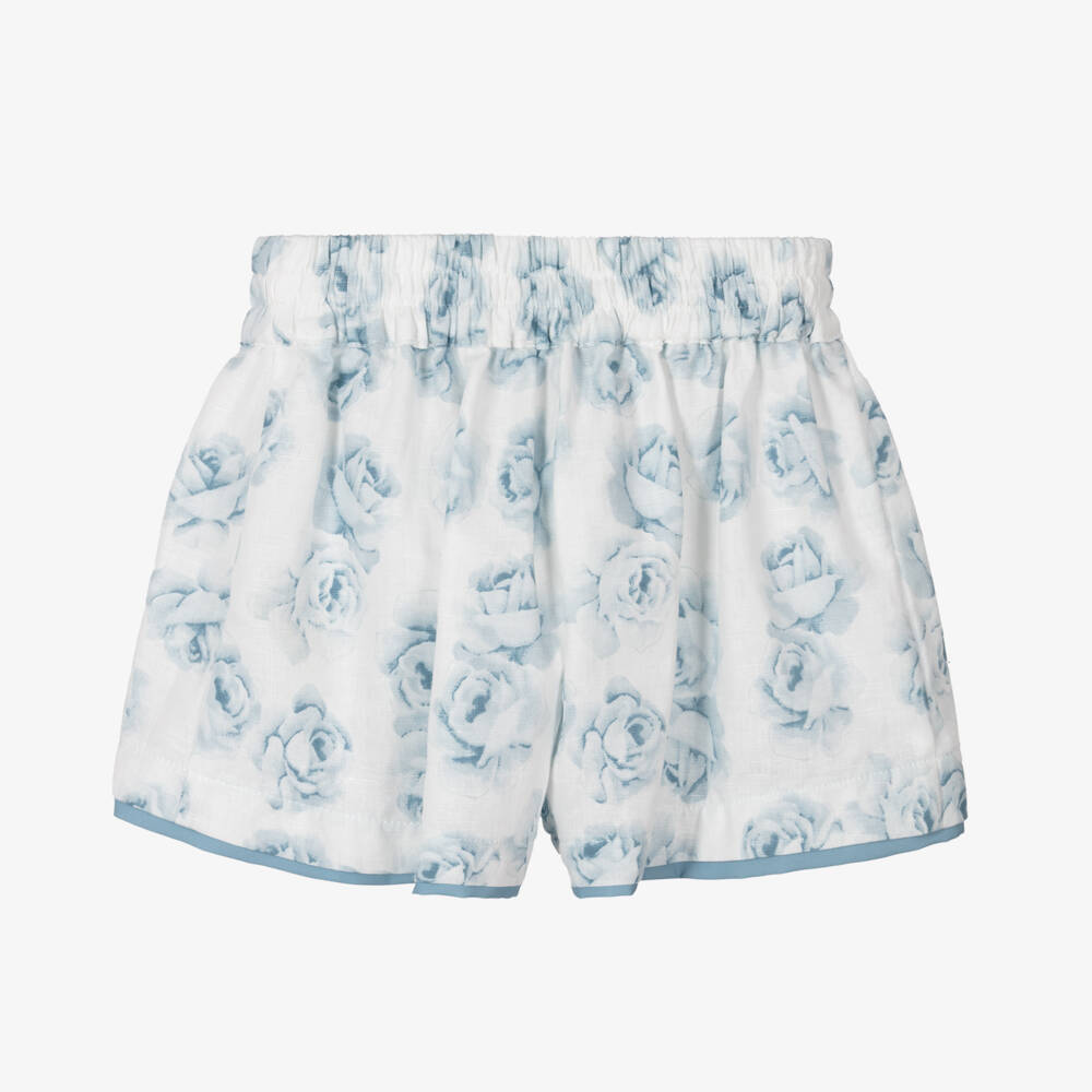 Piccola Speranza-Girls Floral Linen-Cotton Blue Shorts | Childrensalon Outlet