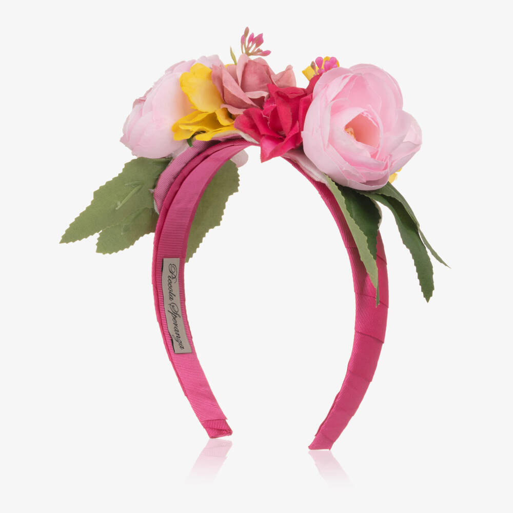 Piccola Speranza-Girls Fuchsia Pink Hairband with Pink & Yellow Flowers | Childrensalon Outlet