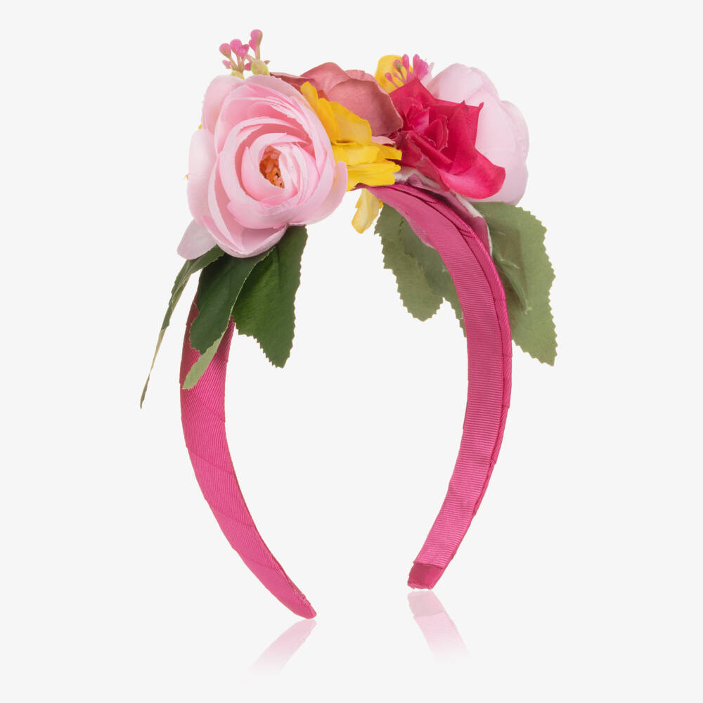 Piccola Speranza-Girls Fuchsia Pink Hairband with Pink & Yellow Flowers | Childrensalon Outlet