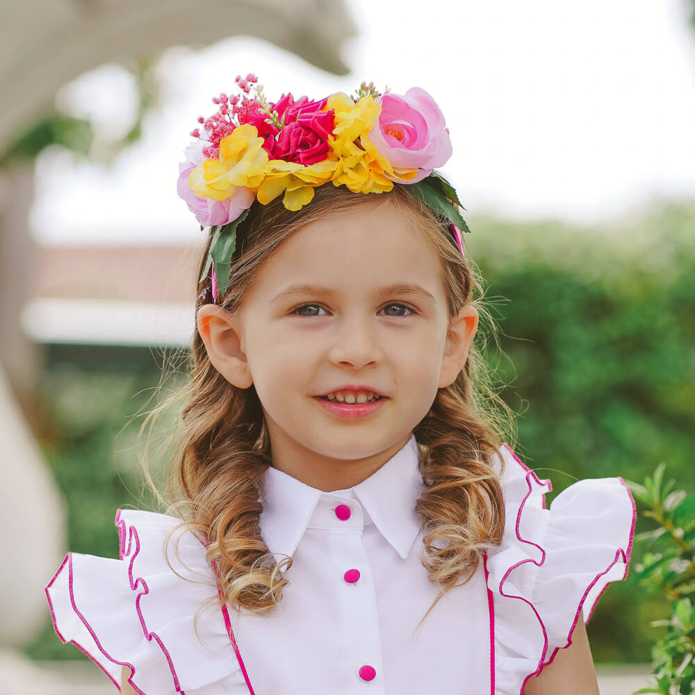 Piccola Speranza-Girls Fuchsia Pink Hairband with Pink & Yellow Flowers | Childrensalon Outlet
