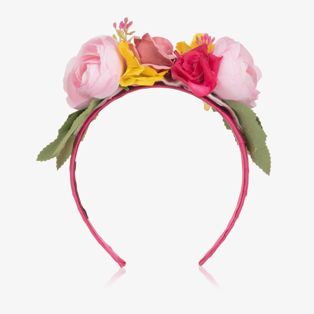 Piccola Speranza-Girls Fuchsia Pink Hairband with Pink & Yellow Flowers | Childrensalon Outlet