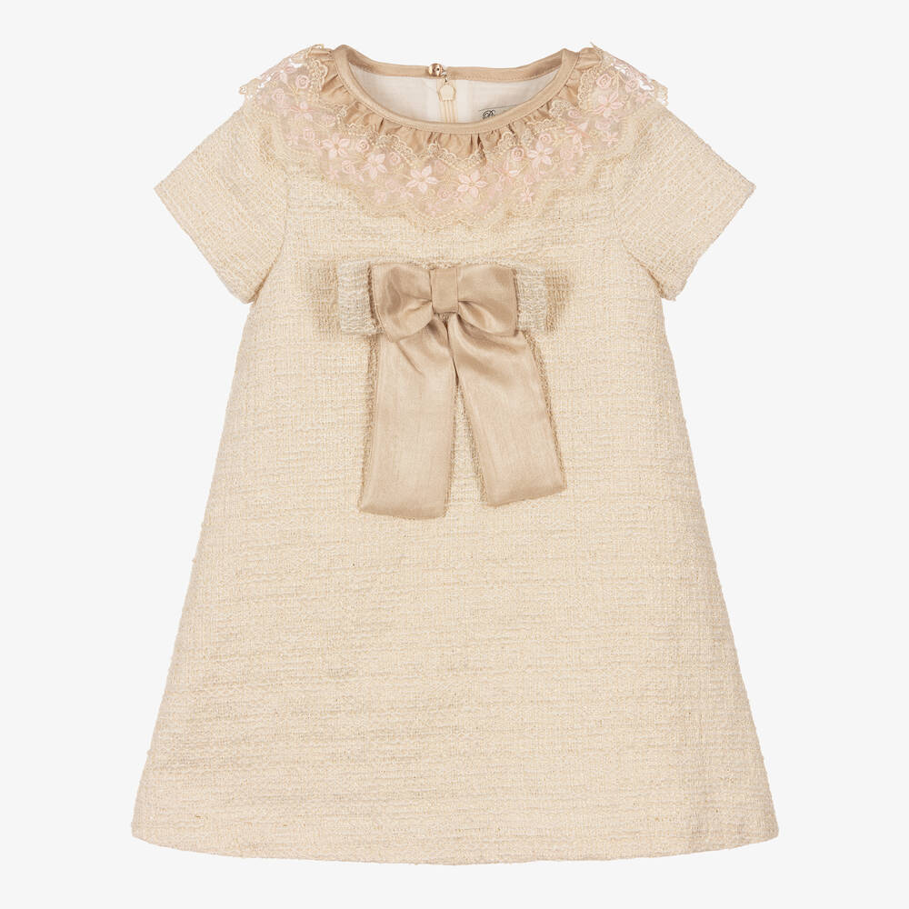 Piccola Speranza - Robe dorée en tweed à nœud fille | Childrensalon