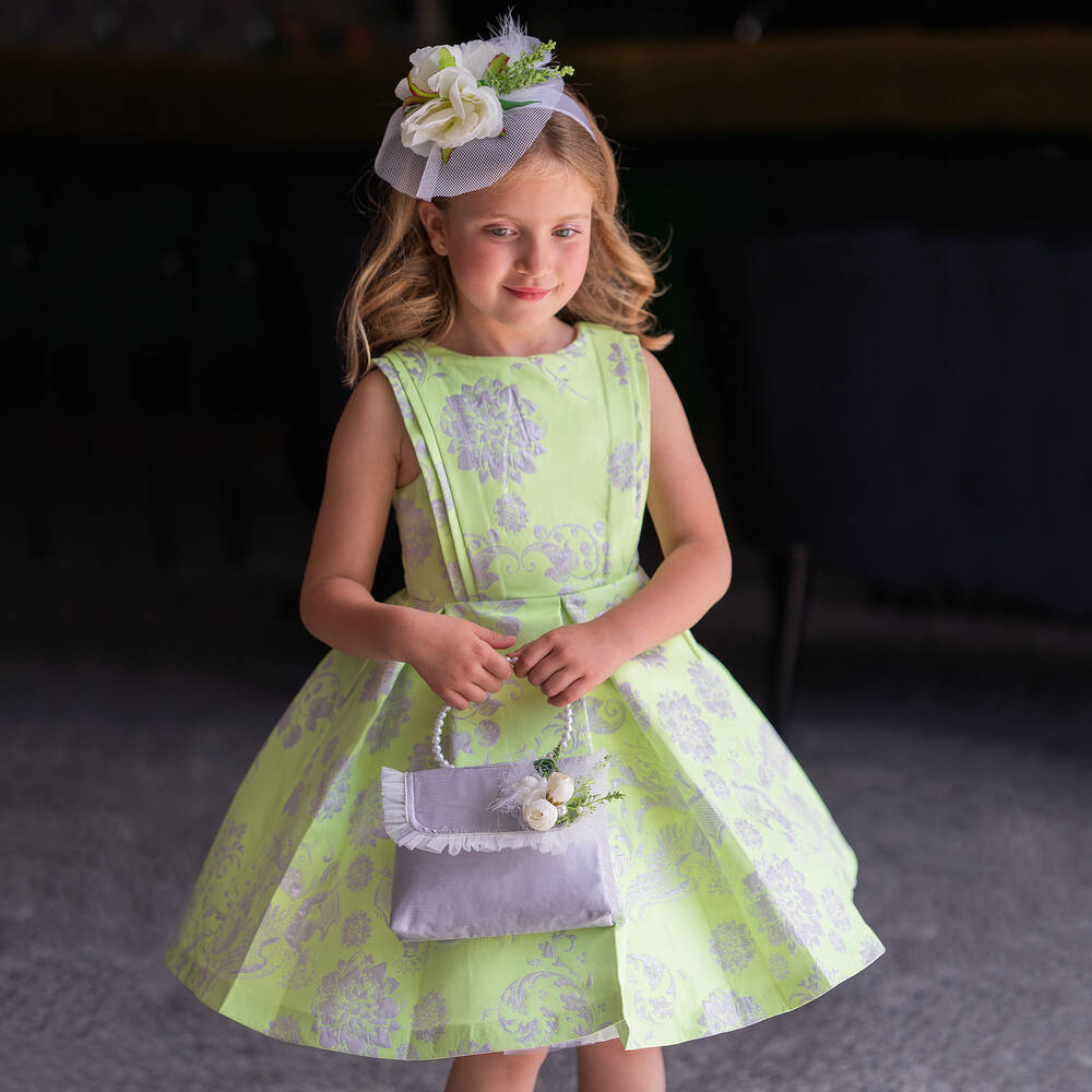 Piccola Speranza-Girls Green & Silver Floral Jacquard Dress | Childrensalon Outlet