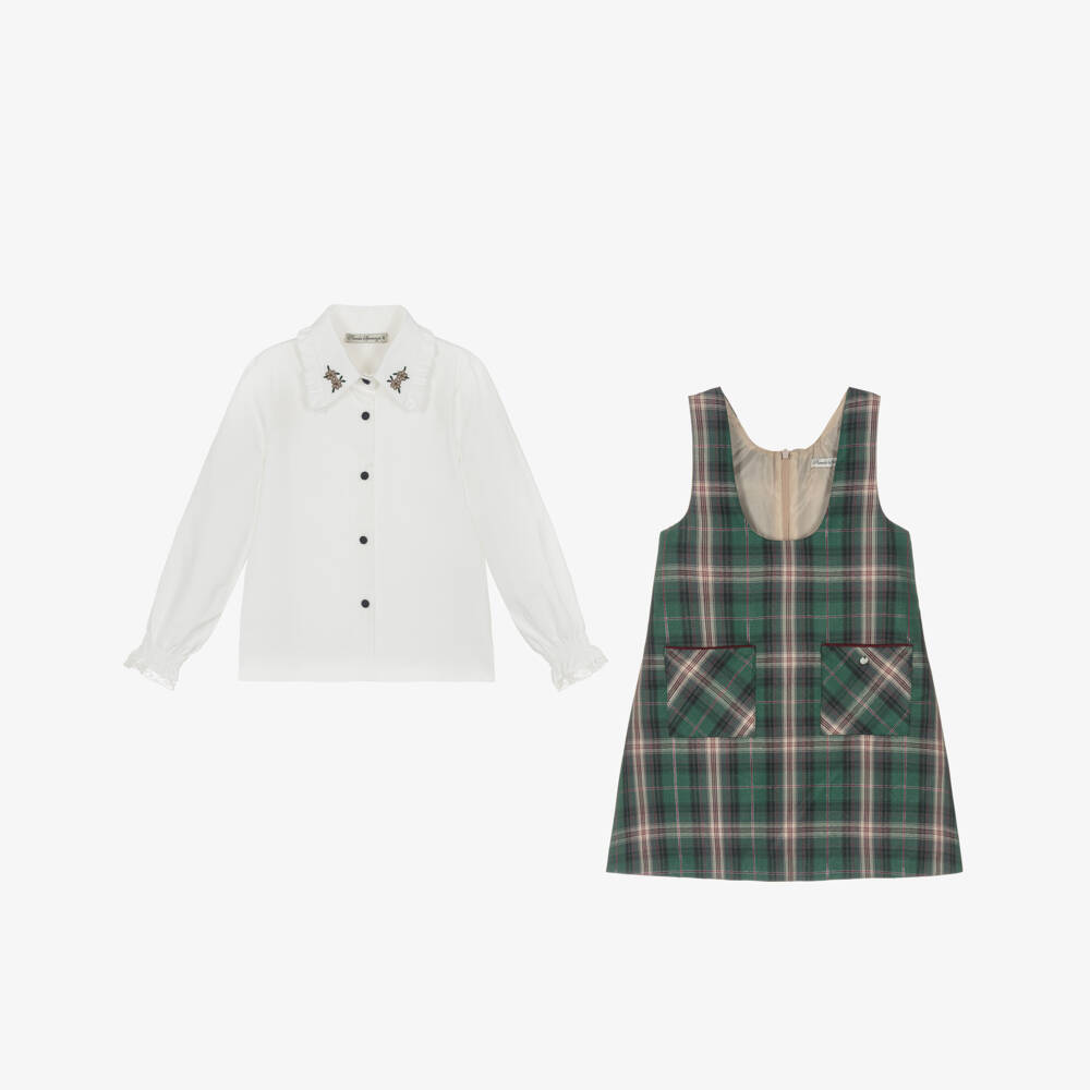 Piccola Speranza-Girls Green Tartan Pinafore Dress & Blouse Set | Childrensalon Outlet