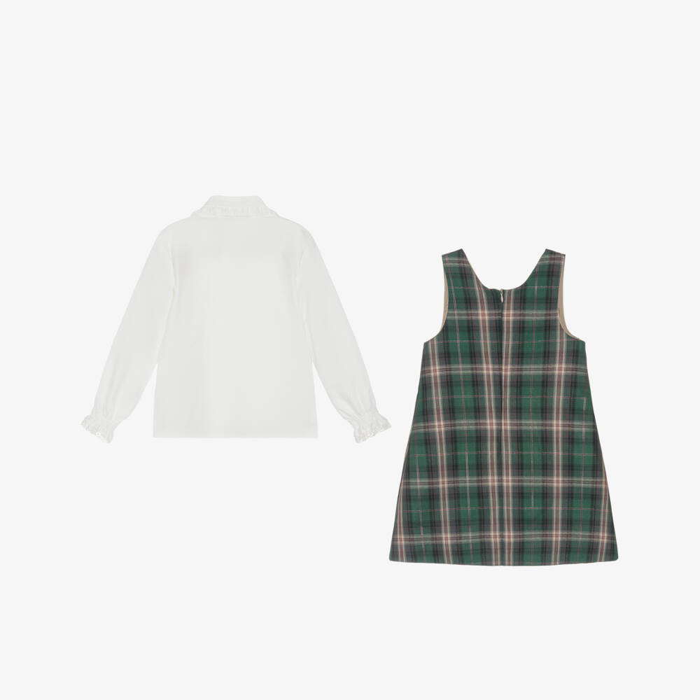 Piccola Speranza-Girls Green Tartan Pinafore Dress & Blouse Set | Childrensalon Outlet