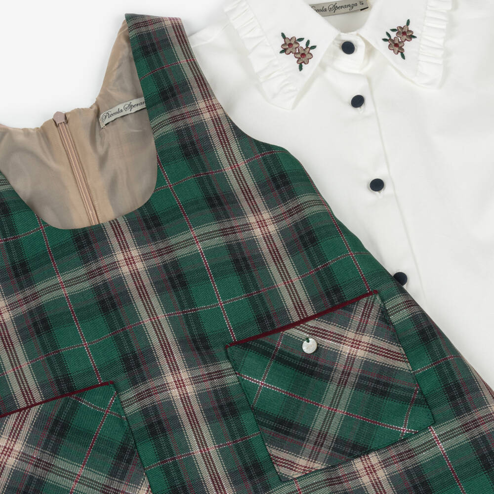Piccola Speranza-Girls Green Tartan Pinafore Dress & Blouse Set | Childrensalon Outlet