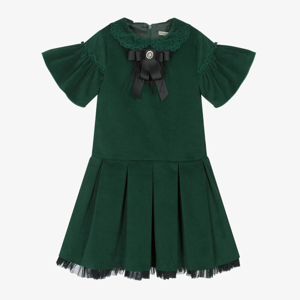 Piccola Speranza-فستان مخملي زمردي للبنات مع فيونكة | Childrensalon Outlet