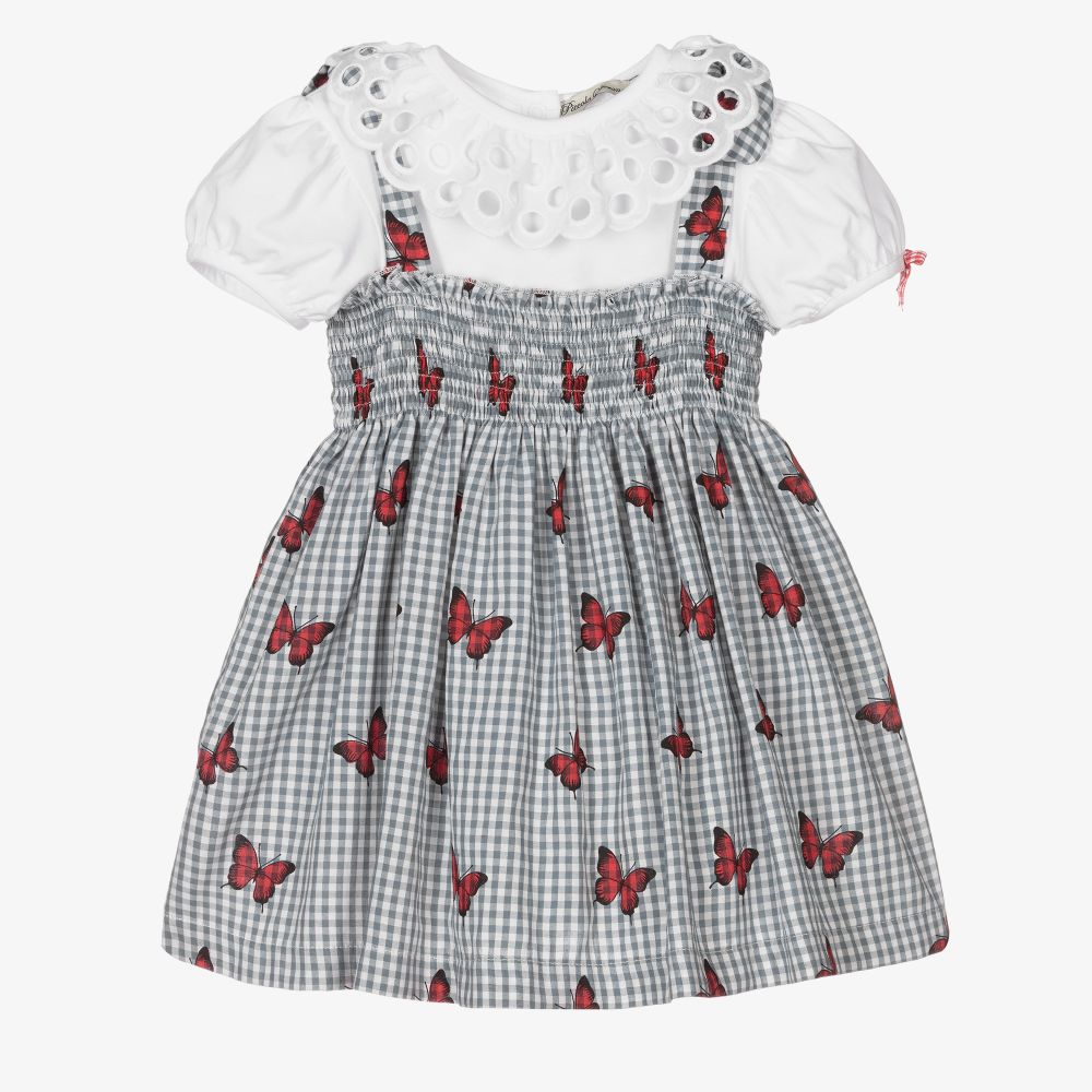 Piccola Speranza - طقم فستان قطن لون رمادي وأبيض | Childrensalon