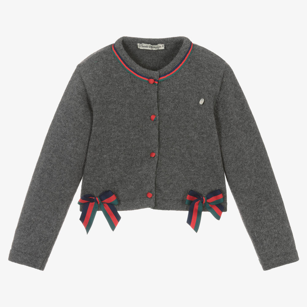 Piccola Speranza - Girls Grey Wool Bow Cardigan | Childrensalon