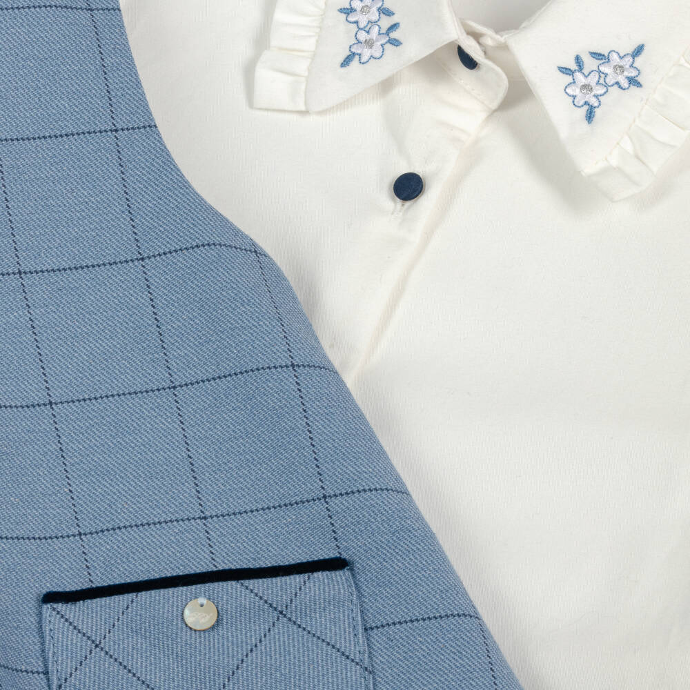 Piccola Speranza-طقم مريلة بناتي أزرق بنقشة المربعات | Childrensalon Outlet