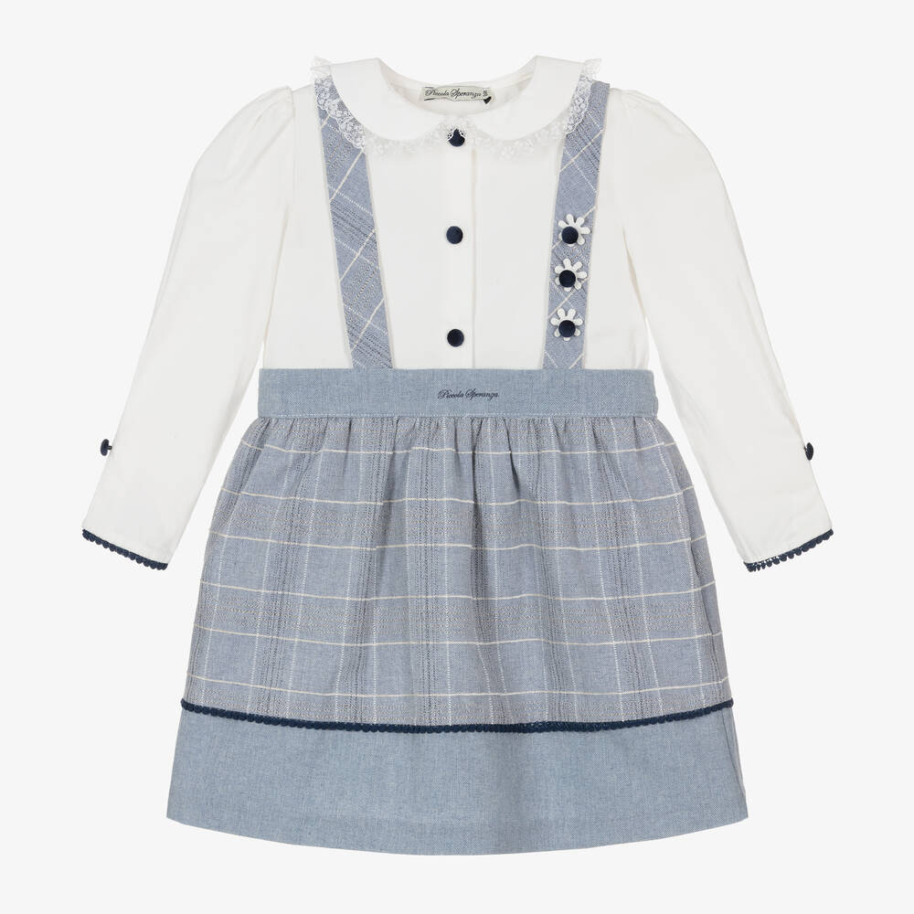 Piccola Speranza - Girls Ivory & Blue Check Cotton Skirt Set | Childrensalon