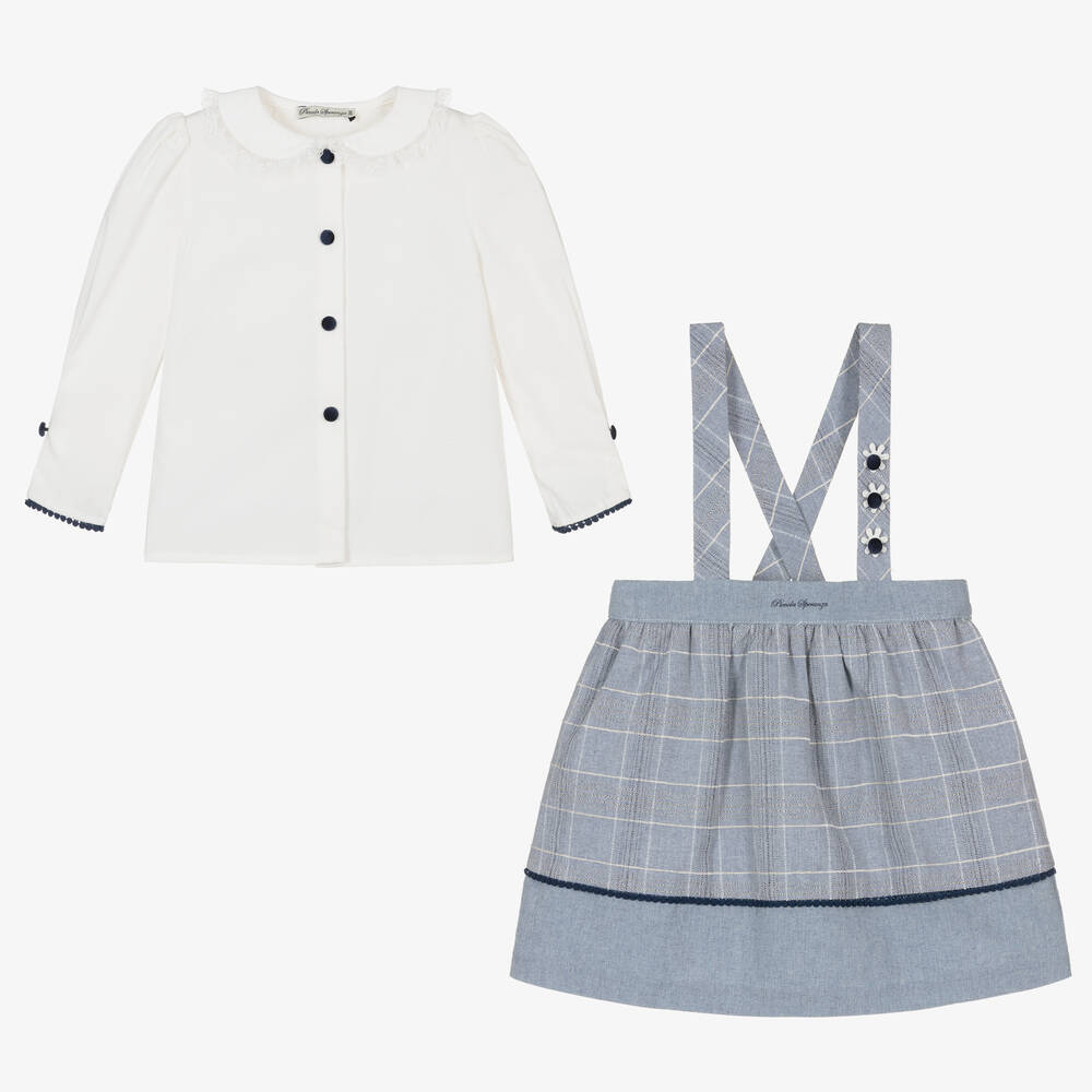 بيكولا سبيرانزا-طقم تنورة قطن كاروهات لون عاجي وأزرق | Childrensalon Outlet