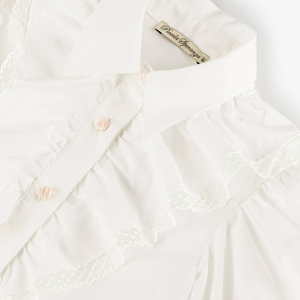 Piccola Speranza-Girls Ivory Cotton Ruffle Blouse with Pink Tweed Buttons | Childrensalon Outlet